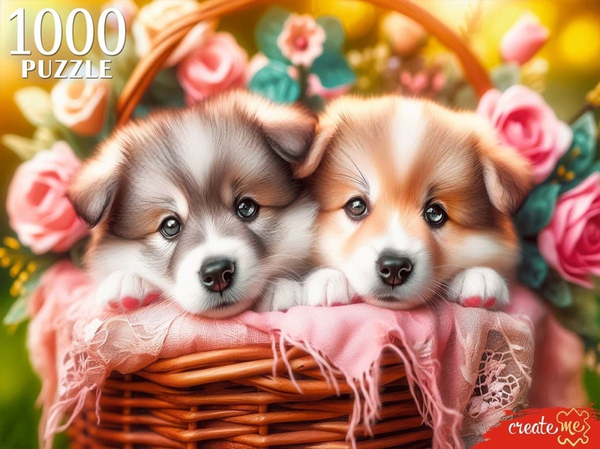 Пазл Рыжий Кот 1000 деталей: Два щенка в корзине (ХП1000-8277)